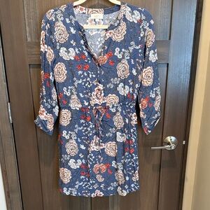 LOFT Navy Floral Tie-Waist Shirt Dress with Pink and Red Blooms